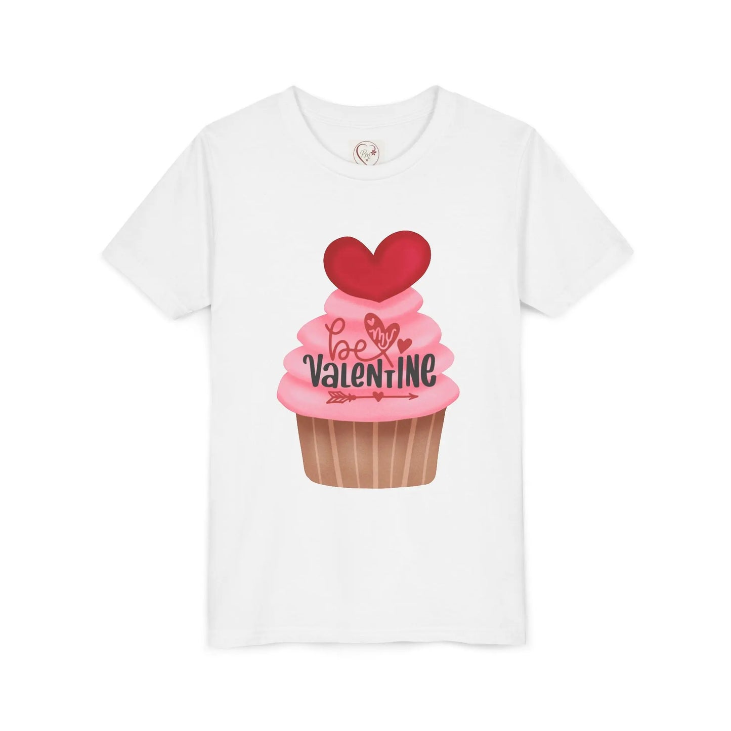 Adorable Valentine's Day youth tee with cute cupcake and hearts. Sweet design perfect for school parties, celebrations & spreading love all February. White