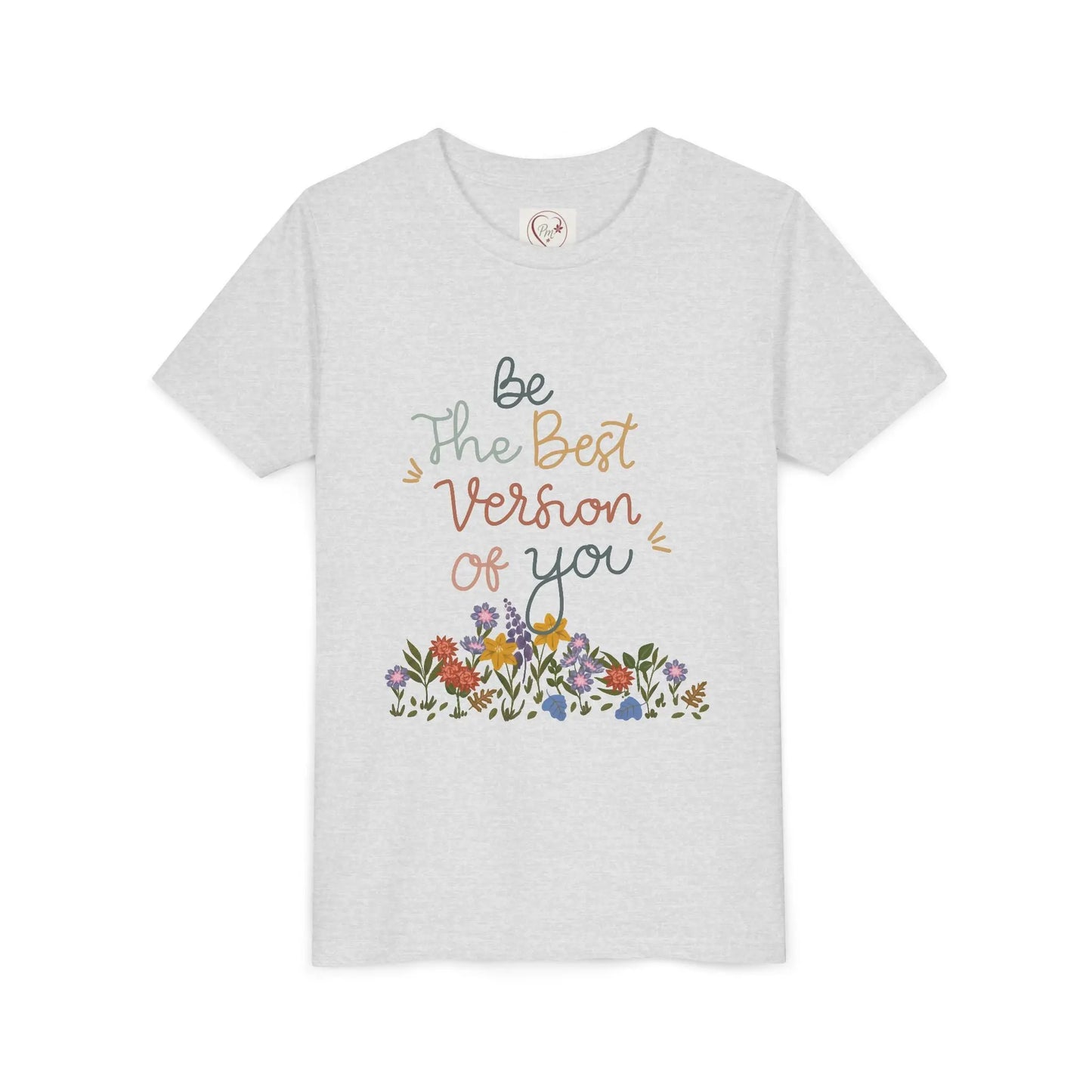 Soft cotton youth tee with hand-lettered positive message and spring florals. Uplifting design for school, play, and everyday wear. Sizes S-XL.
 Ash
