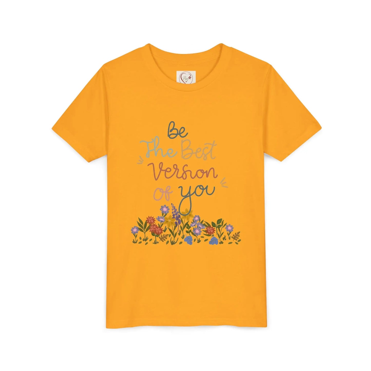 Soft cotton youth tee with hand-lettered positive message and spring florals. Uplifting design for school, play, and everyday wear. Sizes S-XL.
Gold