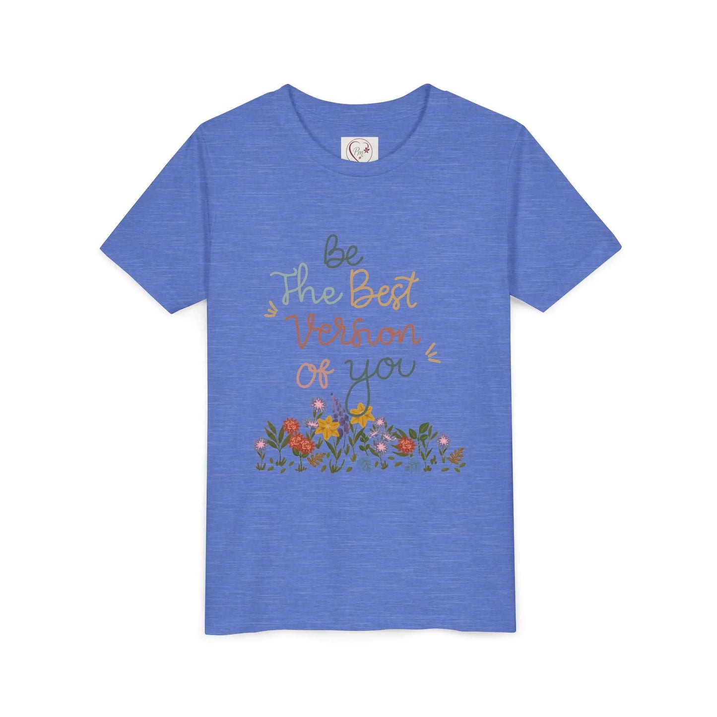 Soft cotton youth tee with hand-lettered positive message and spring florals. Uplifting design for school, play, and everyday wear. Sizes S-XL.
Heather Columbia Blue