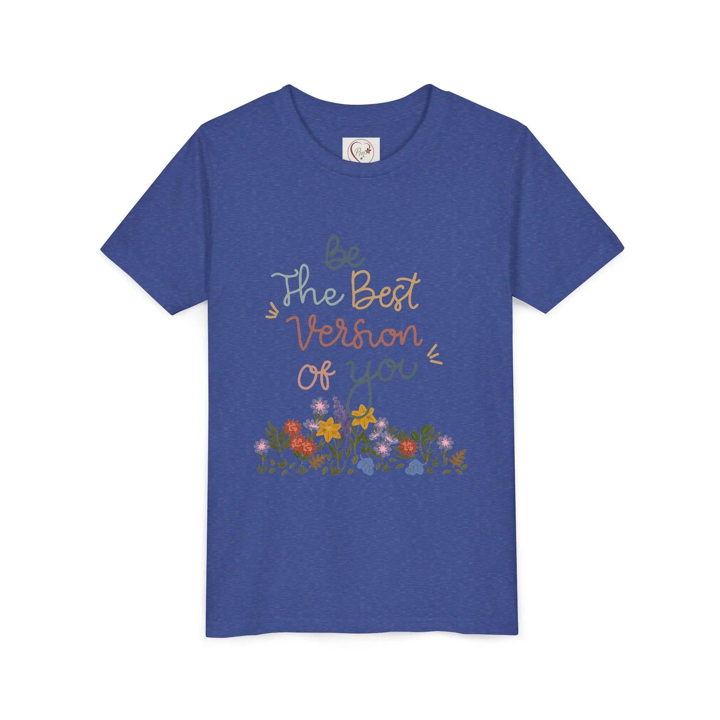Soft cotton youth tee with hand-lettered positive message and spring florals. Uplifting design for school, play, and everyday wear. Sizes S-XL.
Heather Team Royal