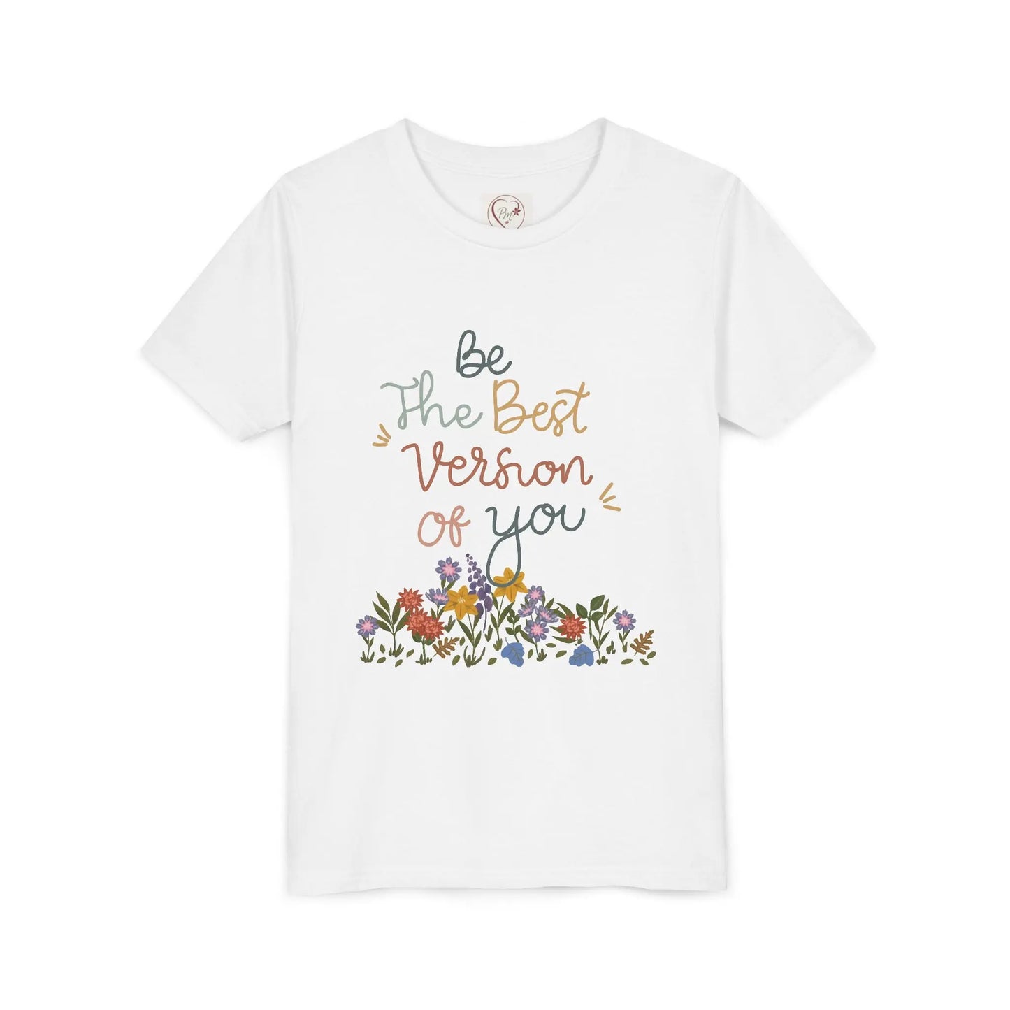 Soft cotton youth tee with hand-lettered positive message and spring florals. Uplifting design for school, play, and everyday wear. Sizes S-XL.
White