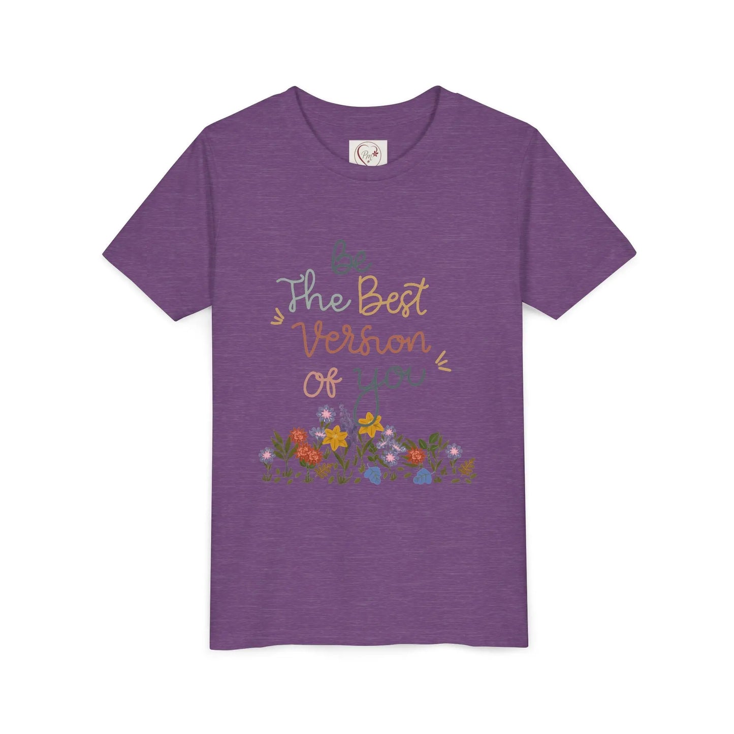 Soft cotton youth tee with hand-lettered positive message and spring florals. Uplifting design for school, play, and everyday wear. Sizes S-XL.
Heather Team Purple