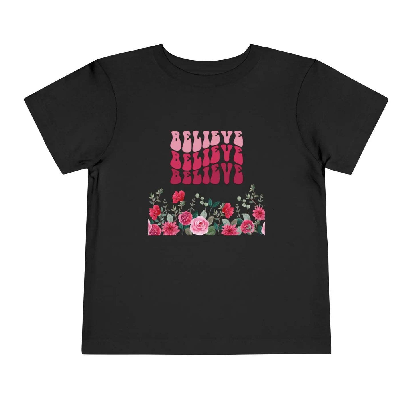 Soft cotton toddler tee with groovy Believe lettering and hand-painted roses. Perfect for spring, faith-based wear, and everyday play. Sizes 2T-5T.
Black