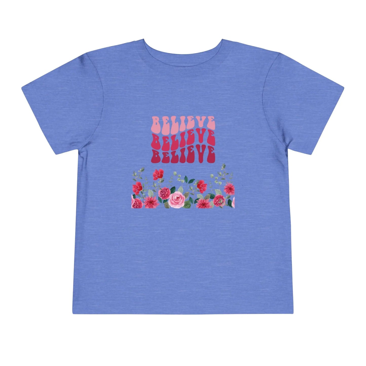 Soft cotton toddler tee with groovy Believe lettering and hand-painted roses. Perfect for spring, faith-based wear, and everyday play. Sizes 2T-5T.
Heather Columbia Blue
