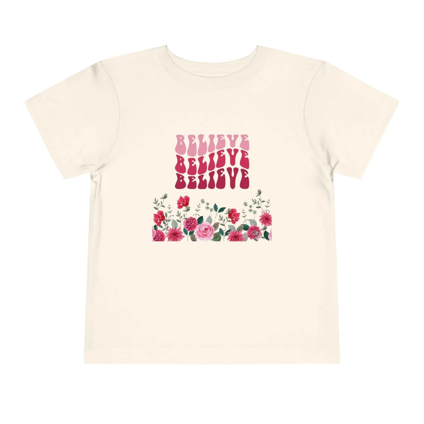Soft cotton toddler tee with groovy Believe lettering and hand-painted roses. Perfect for spring, faith-based wear, and everyday play. Sizes 2T-5T.
Natural
