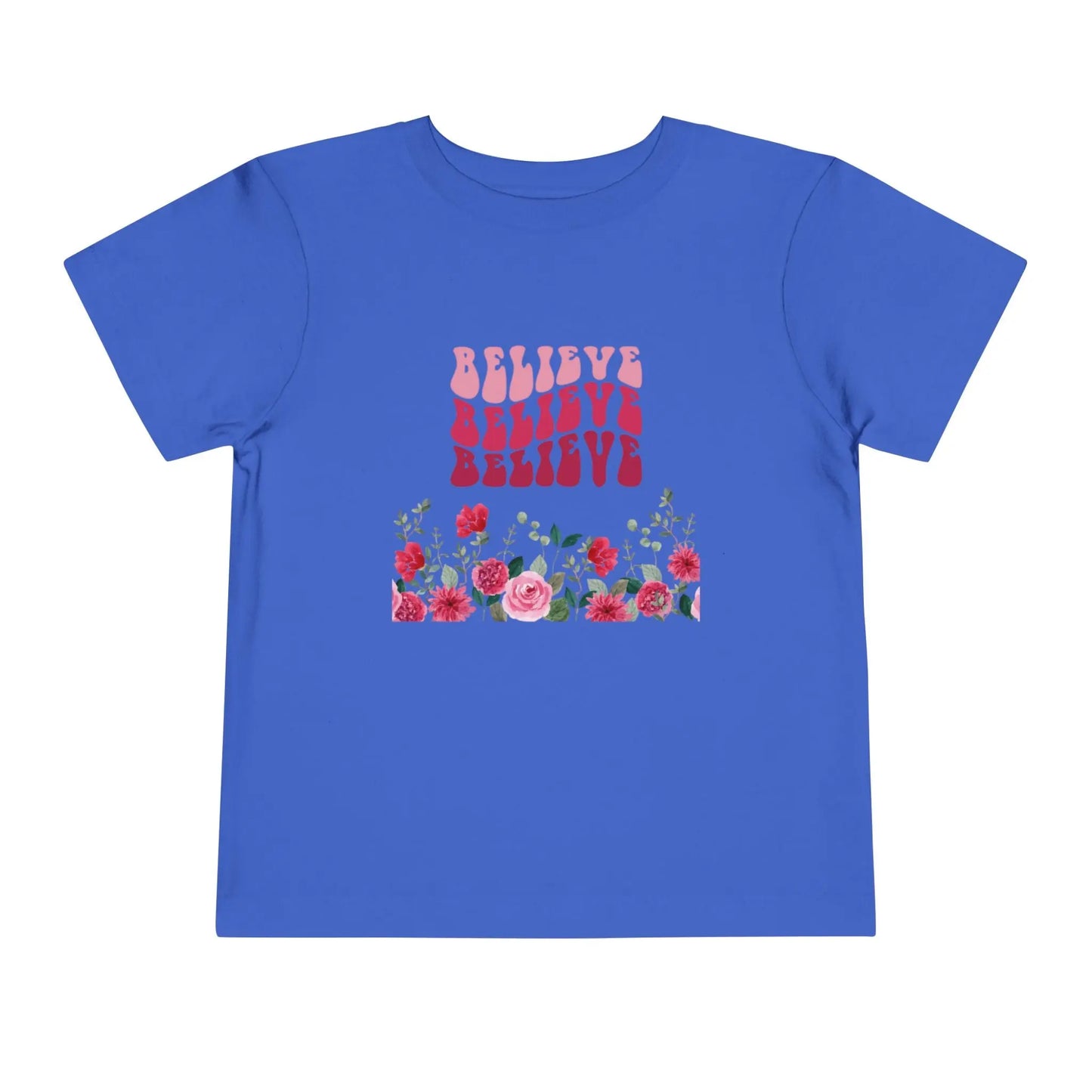 Soft cotton toddler tee with groovy Believe lettering and hand-painted roses. Perfect for spring, faith-based wear, and everyday play. Sizes 2T-5T.
True Royal