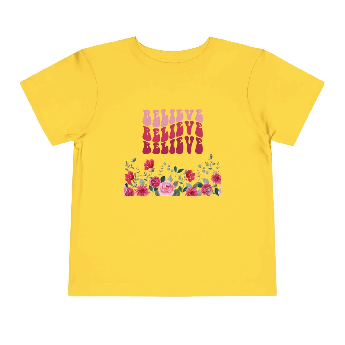 Soft cotton toddler tee with groovy Believe lettering and hand-painted roses. Perfect for spring, faith-based wear, and everyday play. Sizes 2T-5T.
Yellow