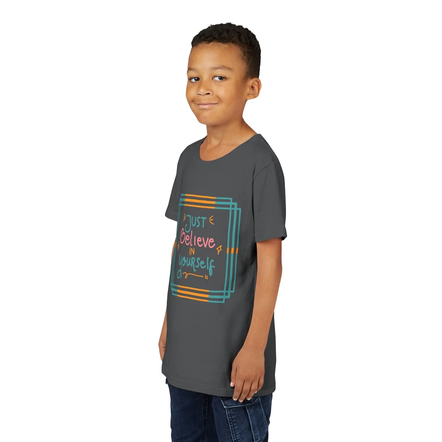 Youth wearing an encouraging youth tee with "Just Believe in Yourself" message. Soft cotton, perfect for school, everyday wear, and building confidence. Motivational kids' clothing. Asphalt