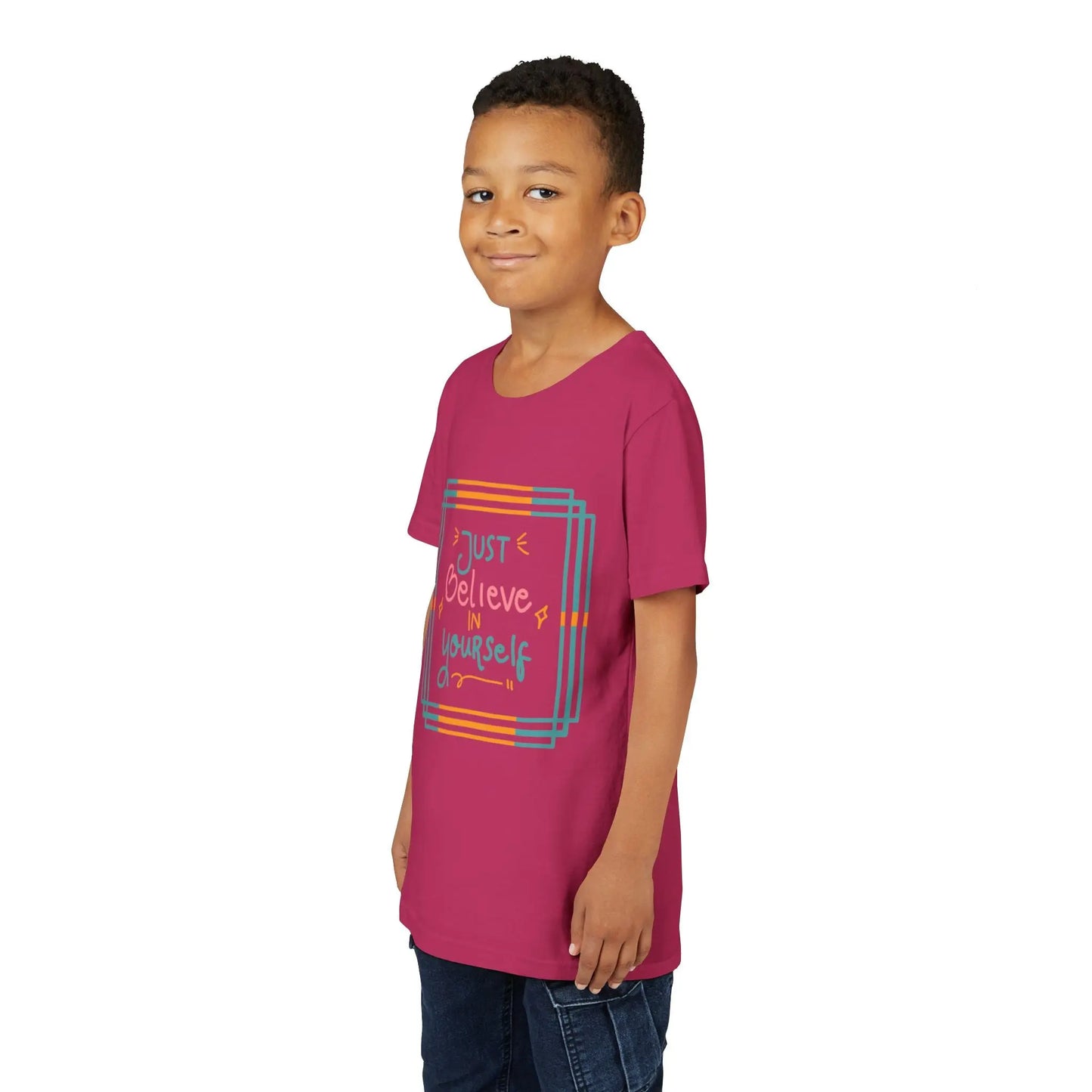 Youth wearing an encouraging youth tee with "Just Believe in Yourself" message. Soft cotton, perfect for school, everyday wear, and building confidence. Motivational kids' clothing. Berry
