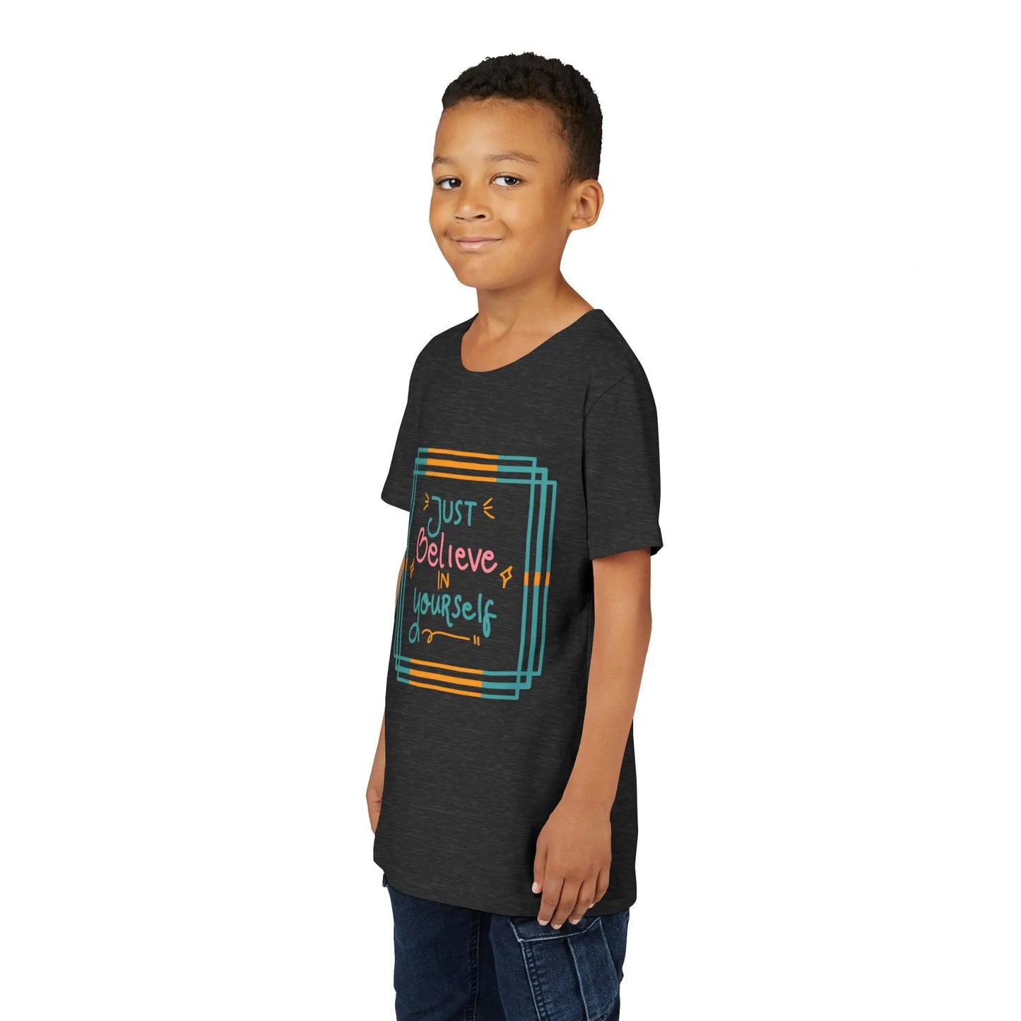 Youth wearing an encouraging youth tee with "Just Believe in Yourself" message. Soft cotton, perfect for school, everyday wear, and building confidence. Motivational kids' clothing. Dark Grey Heather 