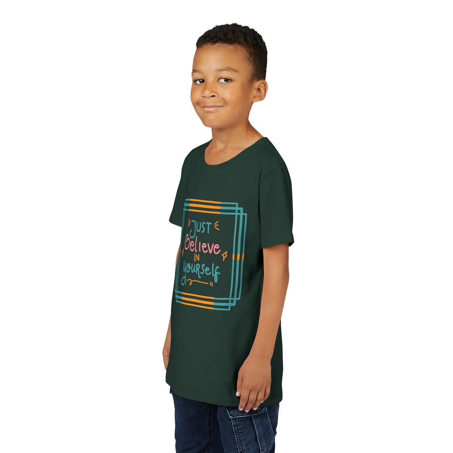 Youth wearing an encouraging youth tee with "Just Believe in Yourself" message. Soft cotton, perfect for school, everyday wear, and building confidence. Motivational kids' clothing. Forest