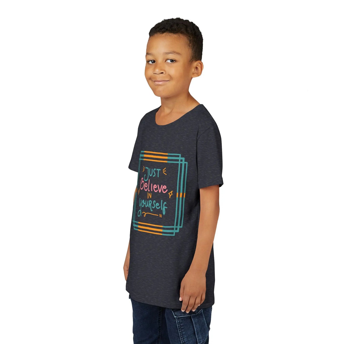 Youth wearing an encouraging youth tee with "Just Believe in Yourself" message. Soft cotton, perfect for school, everyday wear, and building confidence. Motivational kids' clothing. Navy