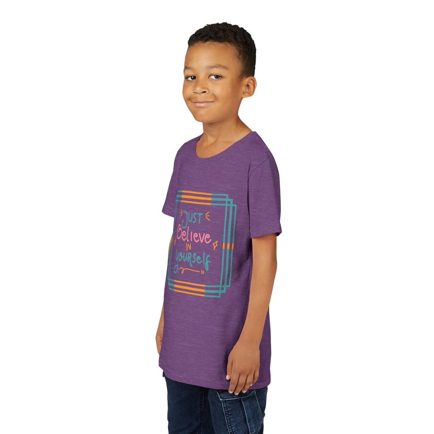 Youth wearing an encouraging youth tee with "Just Believe in Yourself" message. Soft cotton, perfect for school, everyday wear, and building confidence. Motivational kids' clothing. Heather Team Purple