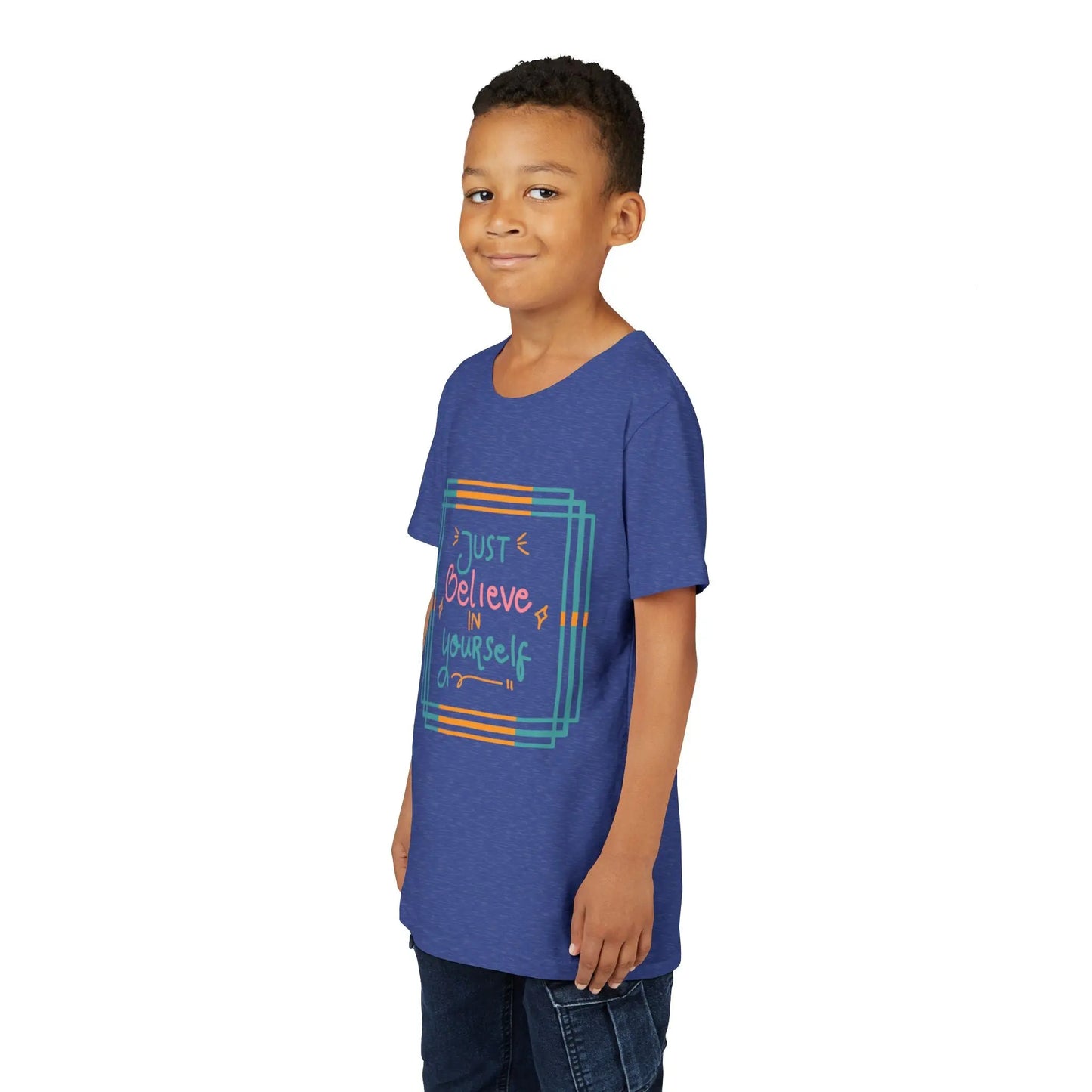 Youth wearing an encouraging youth tee with "Just Believe in Yourself" message. Soft cotton, perfect for school, everyday wear, and building confidence. Motivational kids' clothing. Heather True Royal
