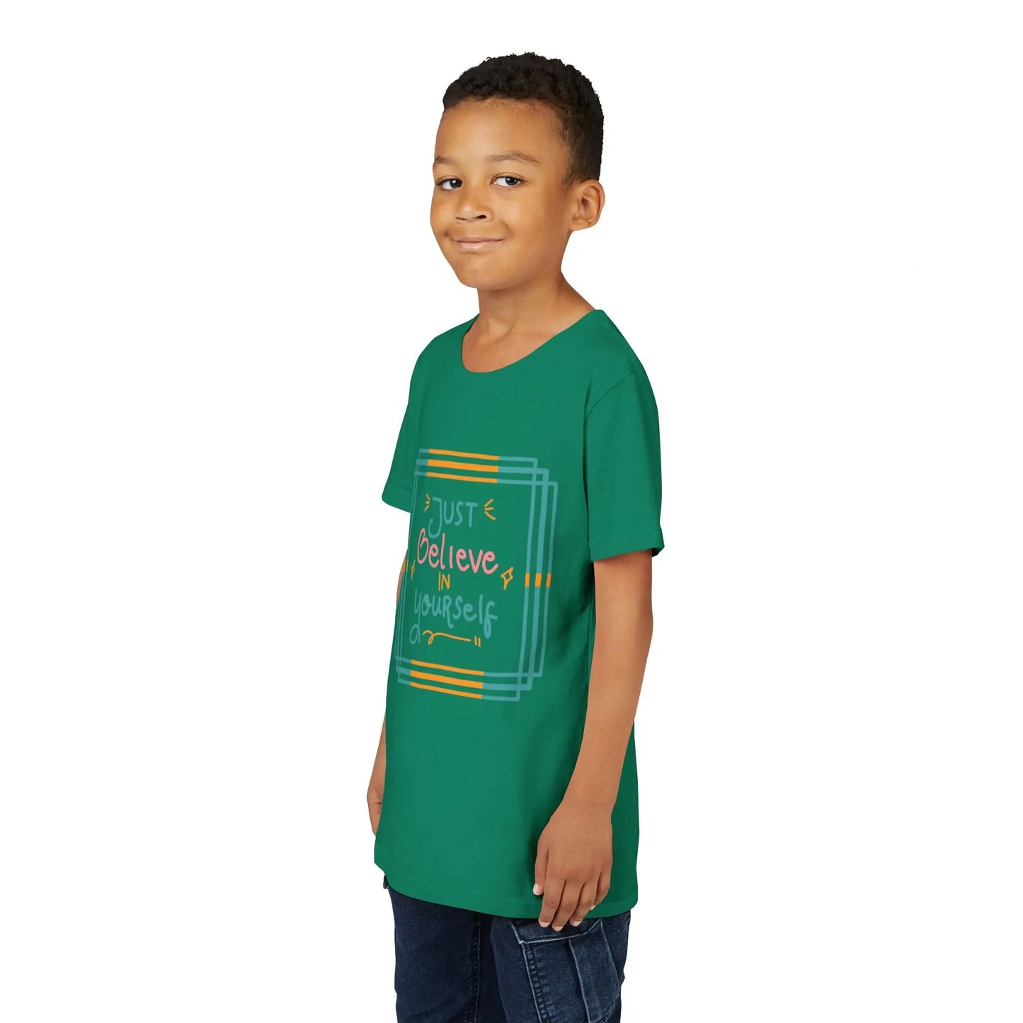 Youth wearing an encouraging youth tee with "Just Believe in Yourself" message. Soft cotton, perfect for school, everyday wear, and building confidence. Motivational kids' clothing. Kelly Green