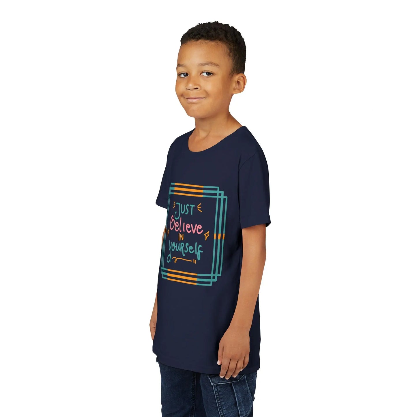 Youth wearing an encouraging youth tee with "Just Believe in Yourself" message. Soft cotton, perfect for school, everyday wear, and building confidence. Motivational kids' clothing. Navy