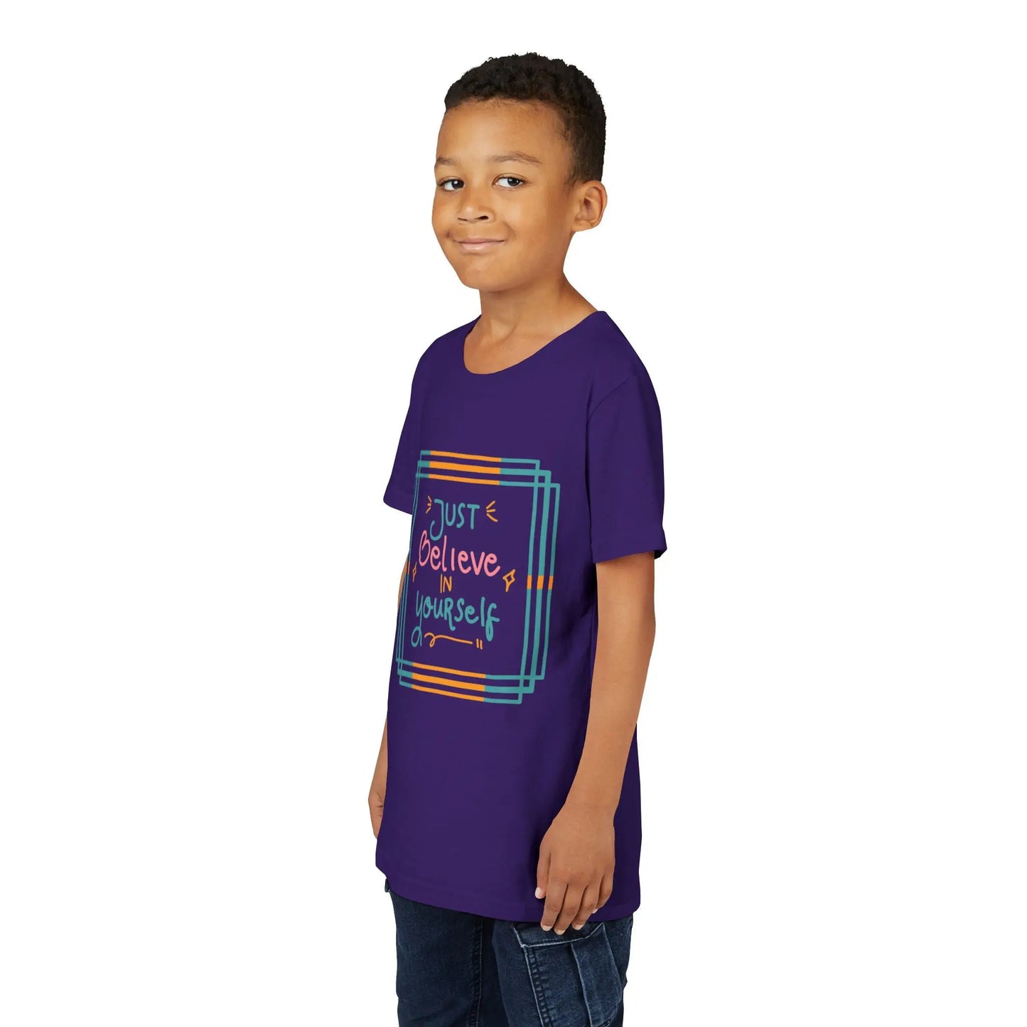 Youth wearing an encouraging youth tee with "Just Believe in Yourself" message. Soft cotton, perfect for school, everyday wear, and building confidence. Motivational kids' clothing. Team Purple