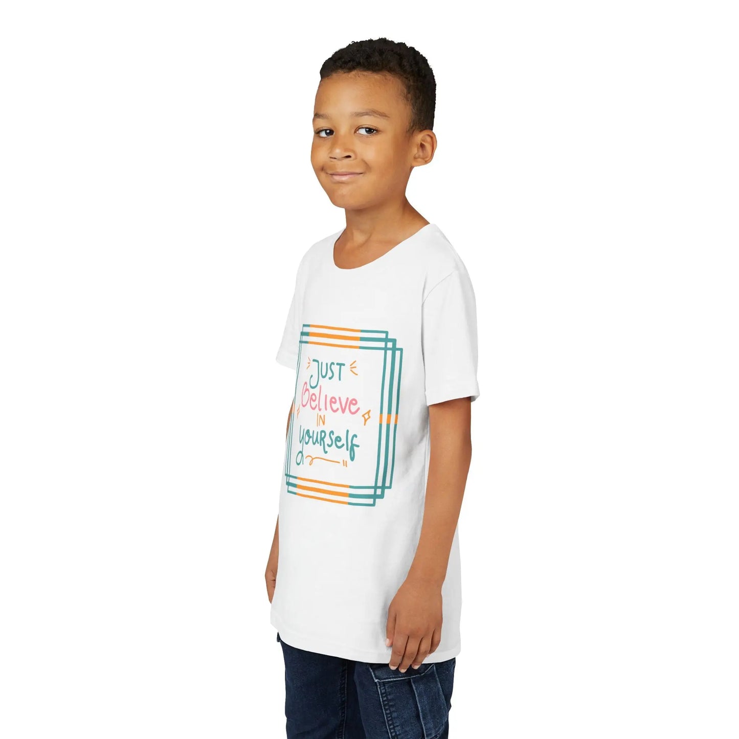Youth wearing an encouraging youth tee with "Just Believe in Yourself" message. Soft cotton, perfect for school, everyday wear, and building confidence. Motivational kids' clothing. White