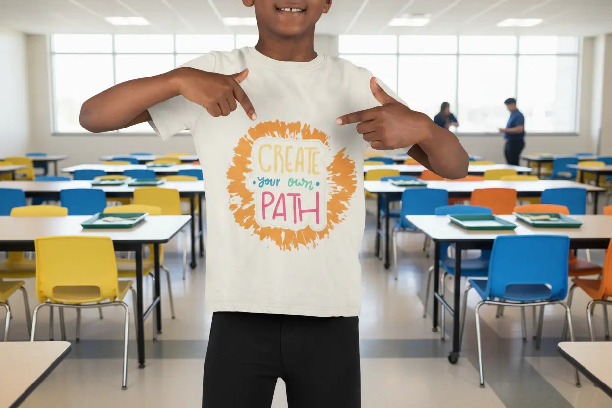  Motivational youth tee with "Create Your Own Path" message. Soft cotton, perfect for school, everyday wear, and inspiring independence. Empowering kids' clothing.