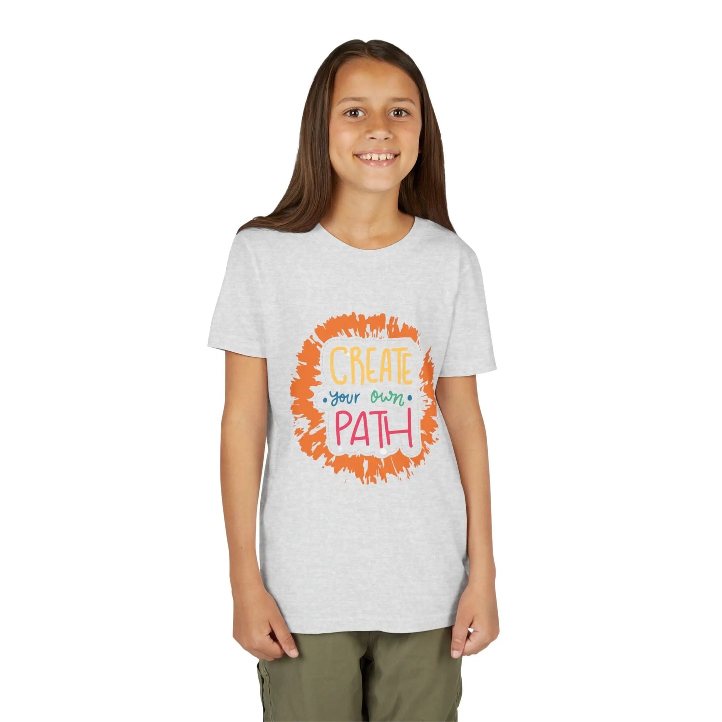 Motivational youth tee with "Create Your Own Path" message. Soft cotton, perfect for school, everyday wear, and inspiring independence. Empowering kids' clothing. Ash