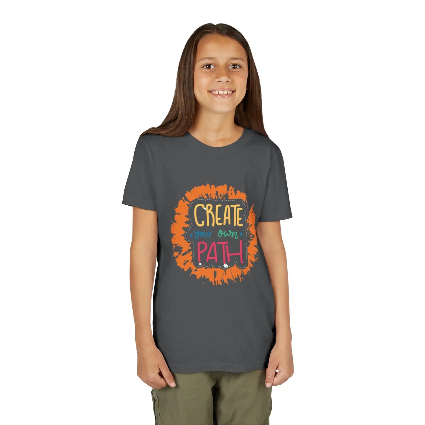 Motivational youth tee with "Create Your Own Path" message. Soft cotton, perfect for school, everyday wear, and inspiring independence. Empowering kids' clothing. Asphalt