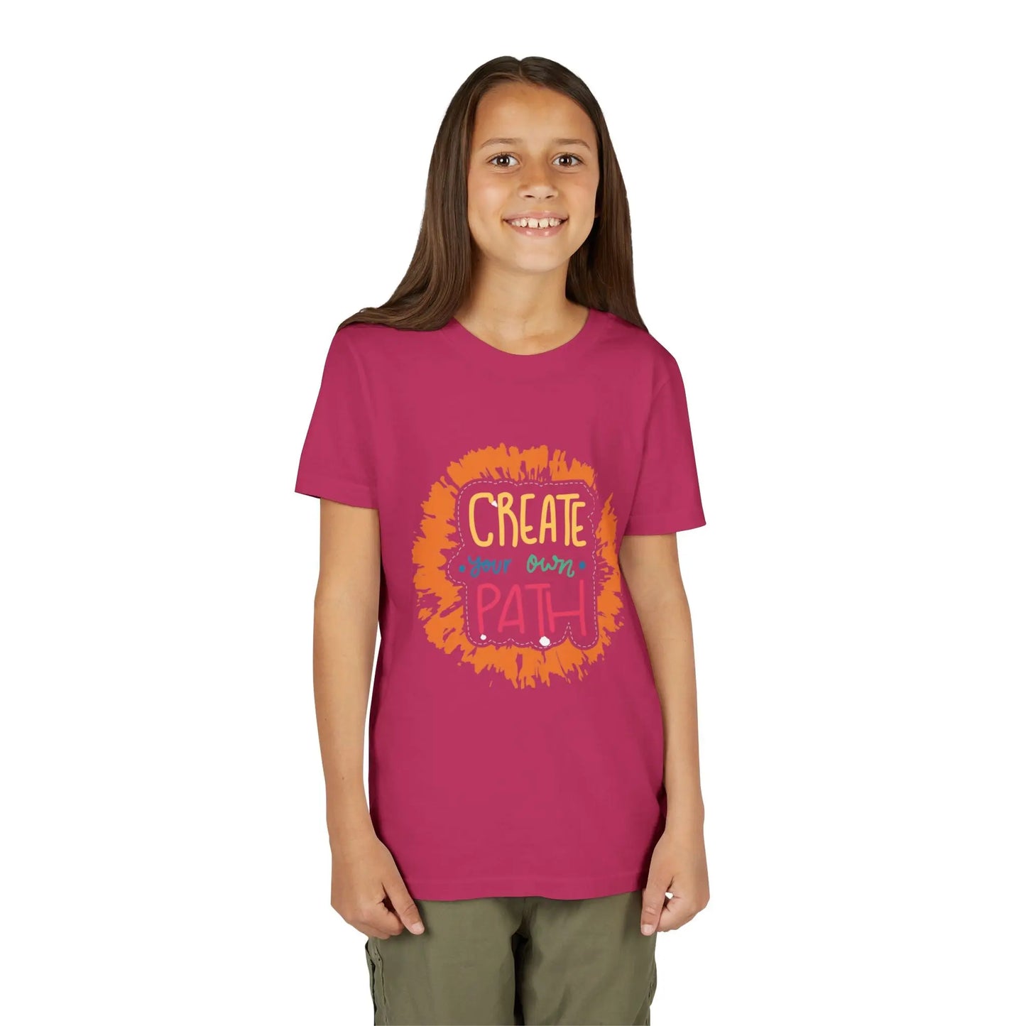  Motivational youth tee with "Create Your Own Path" message. Soft cotton, perfect for school, everyday wear, and inspiring independence. Empowering kids' clothing. Berry