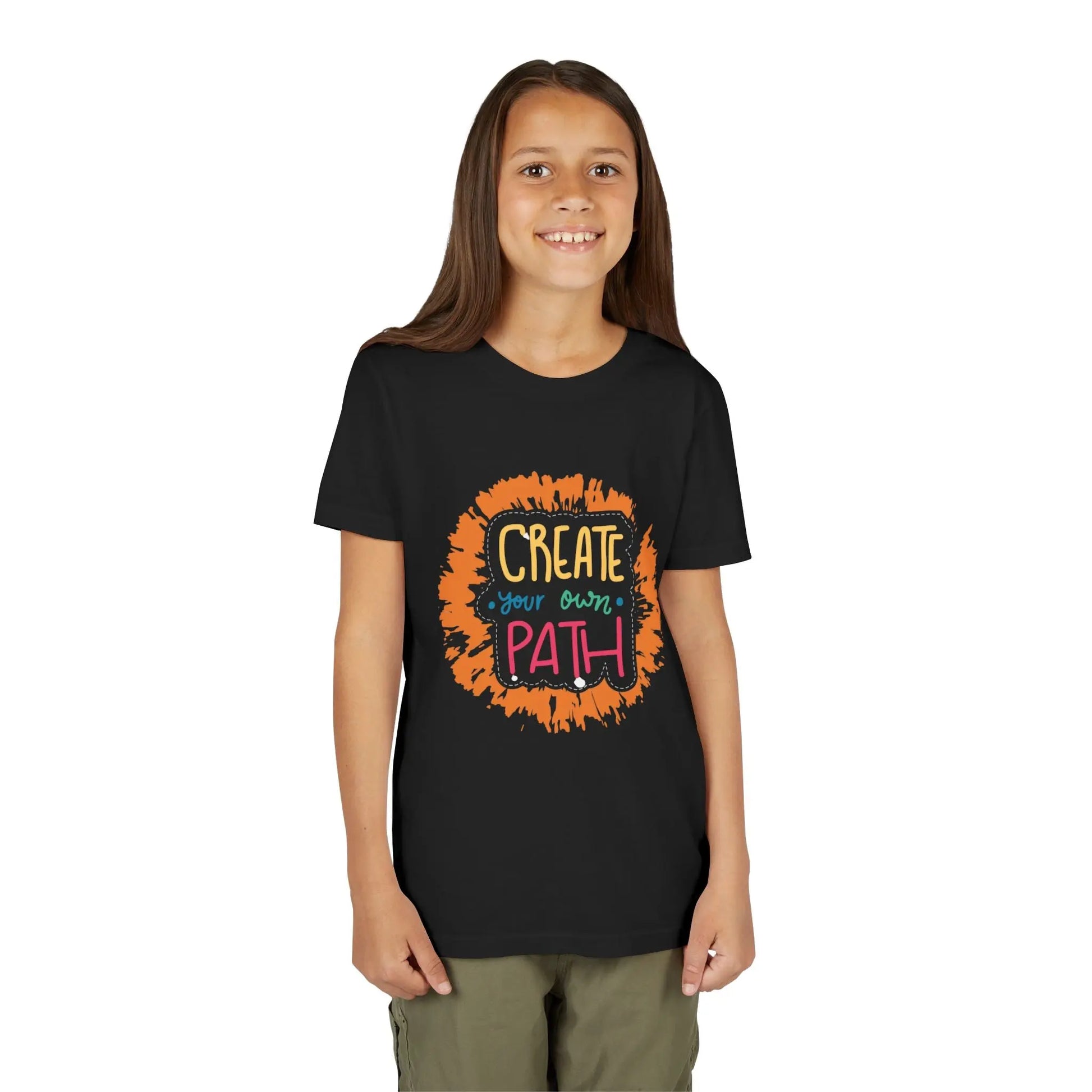  Motivational youth tee with "Create Your Own Path" message. Soft cotton, perfect for school, everyday wear, and inspiring independence. Empowering kids' clothing. Black