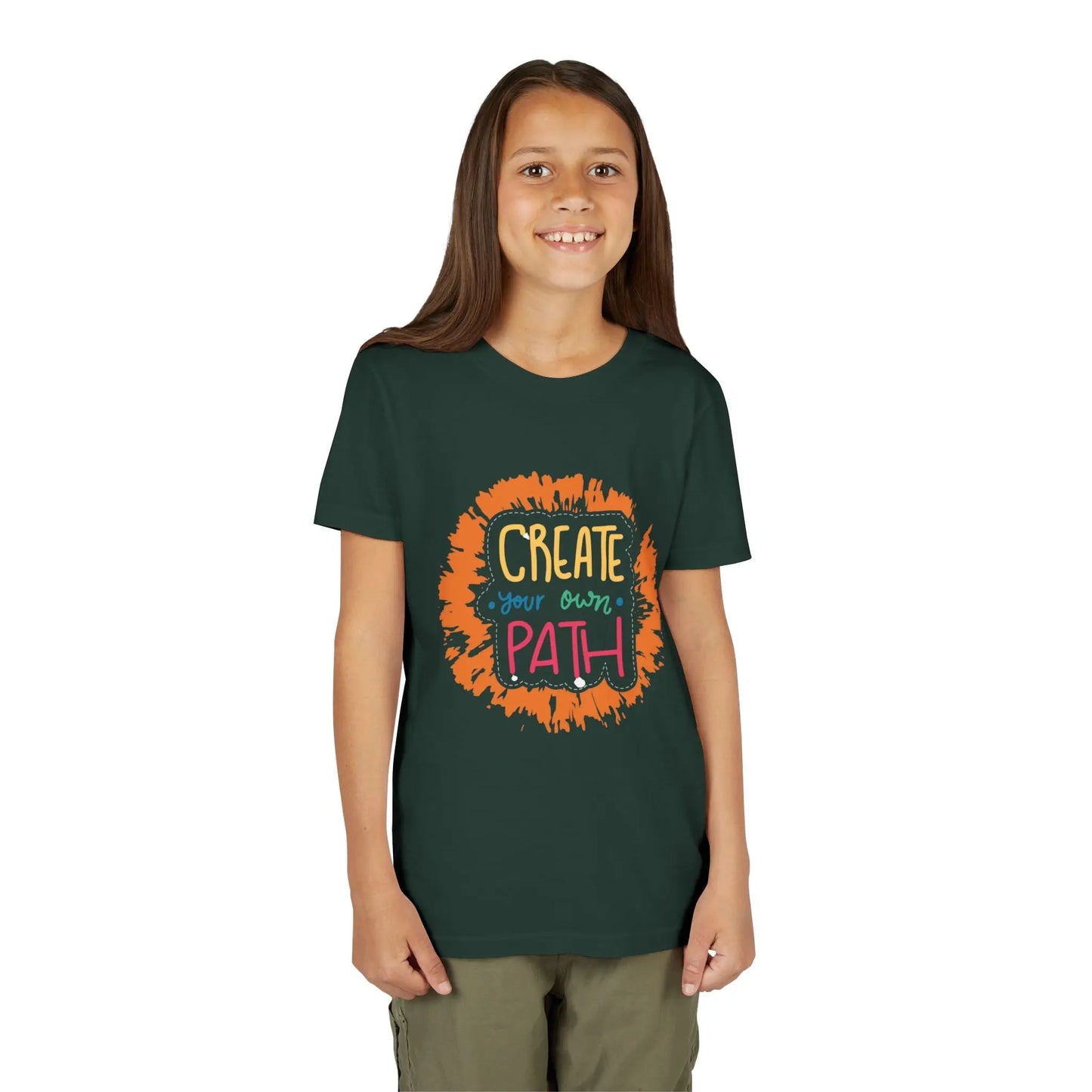  Motivational youth tee with "Create Your Own Path" message. Soft cotton, perfect for school, everyday wear, and inspiring independence. Empowering kids' clothing. Forest
