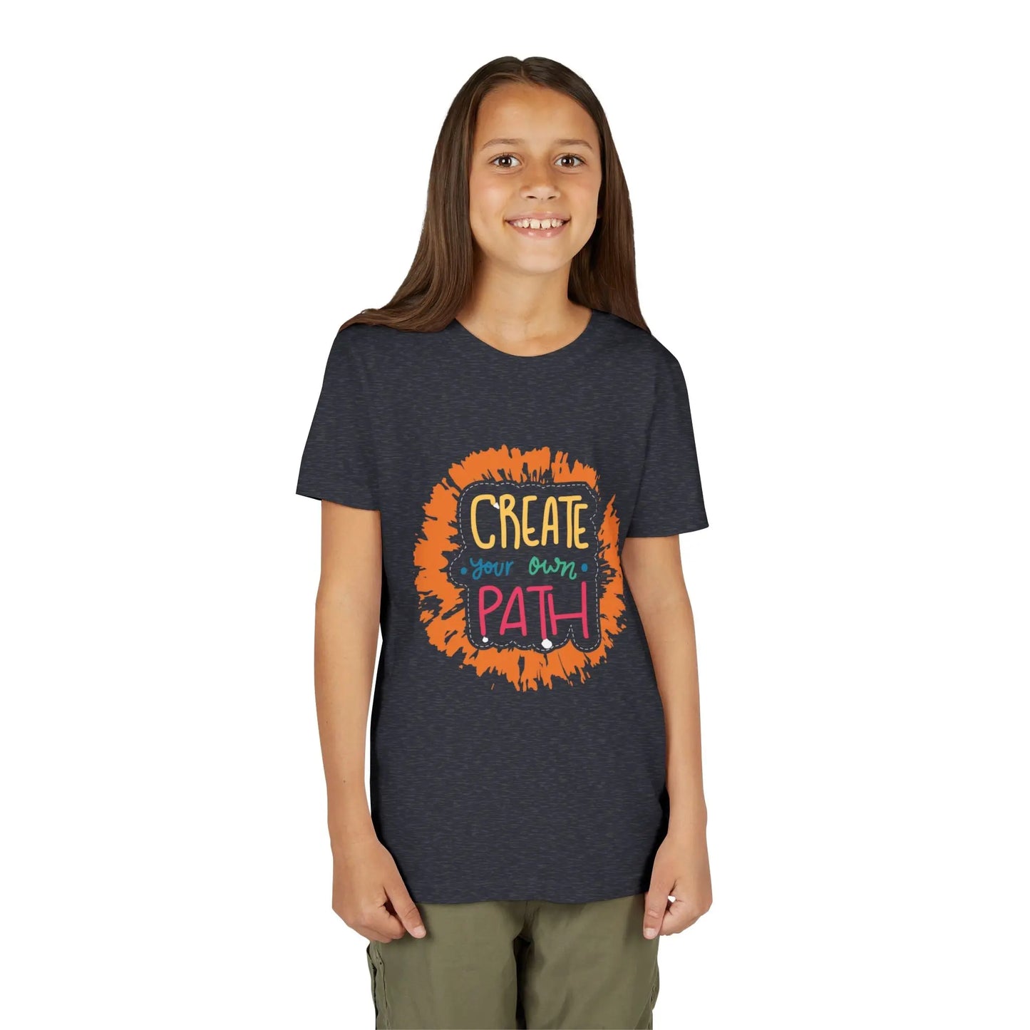  Motivational youth tee with "Create Your Own Path" message. Soft cotton, perfect for school, everyday wear, and inspiring independence. Empowering kids' clothing. Heather Navy