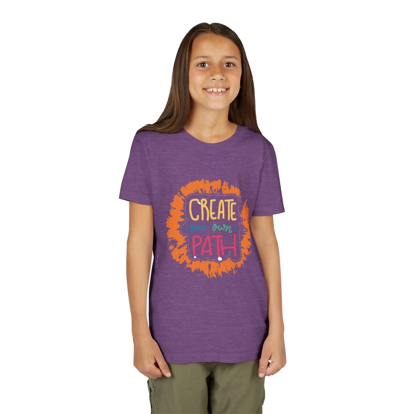  Motivational youth tee with "Create Your Own Path" message. Soft cotton, perfect for school, everyday wear, and inspiring independence. Empowering kids' clothing. Heather Team Purple