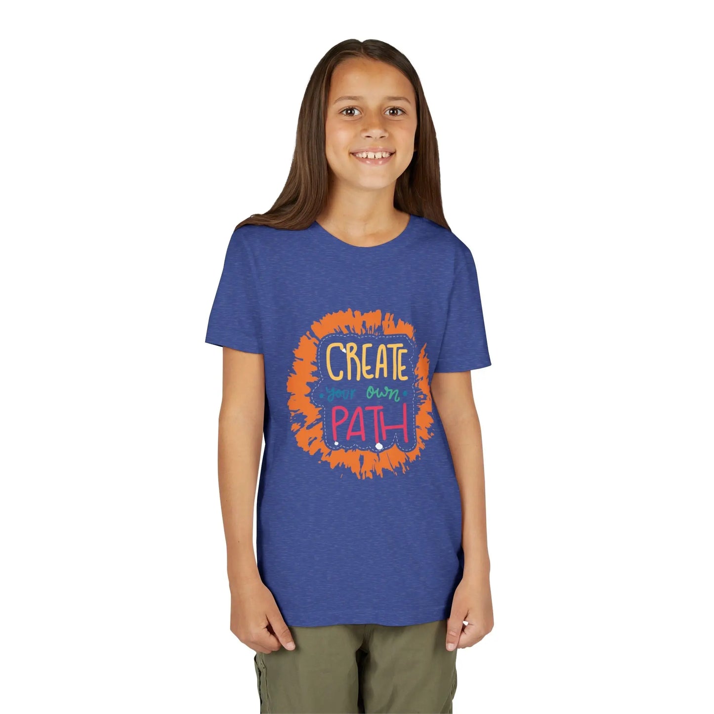  Motivational youth tee with "Create Your Own Path" message. Soft cotton, perfect for school, everyday wear, and inspiring independence. Empowering kids' clothing. Heather True Royal