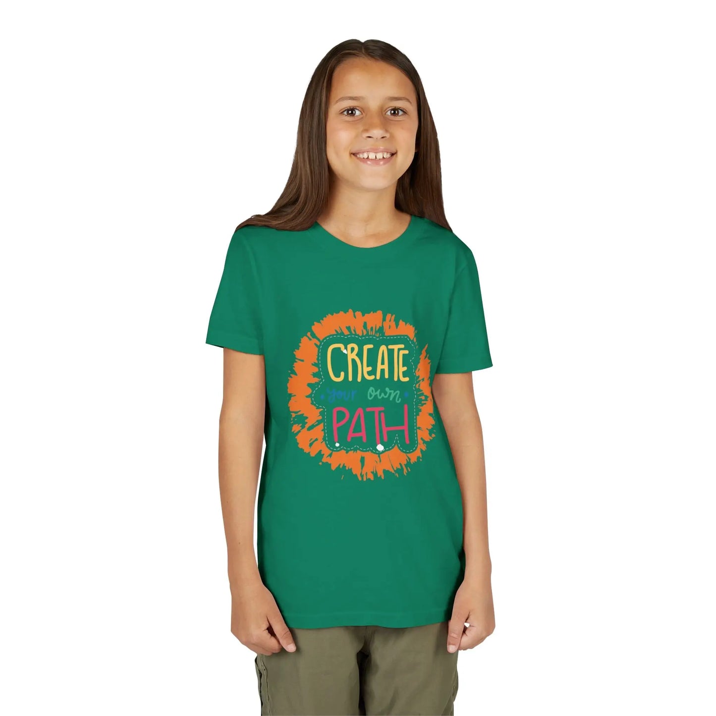  Motivational youth tee with "Create Your Own Path" message. Soft cotton, perfect for school, everyday wear, and inspiring independence. Empowering kids' clothing. Kelly Green