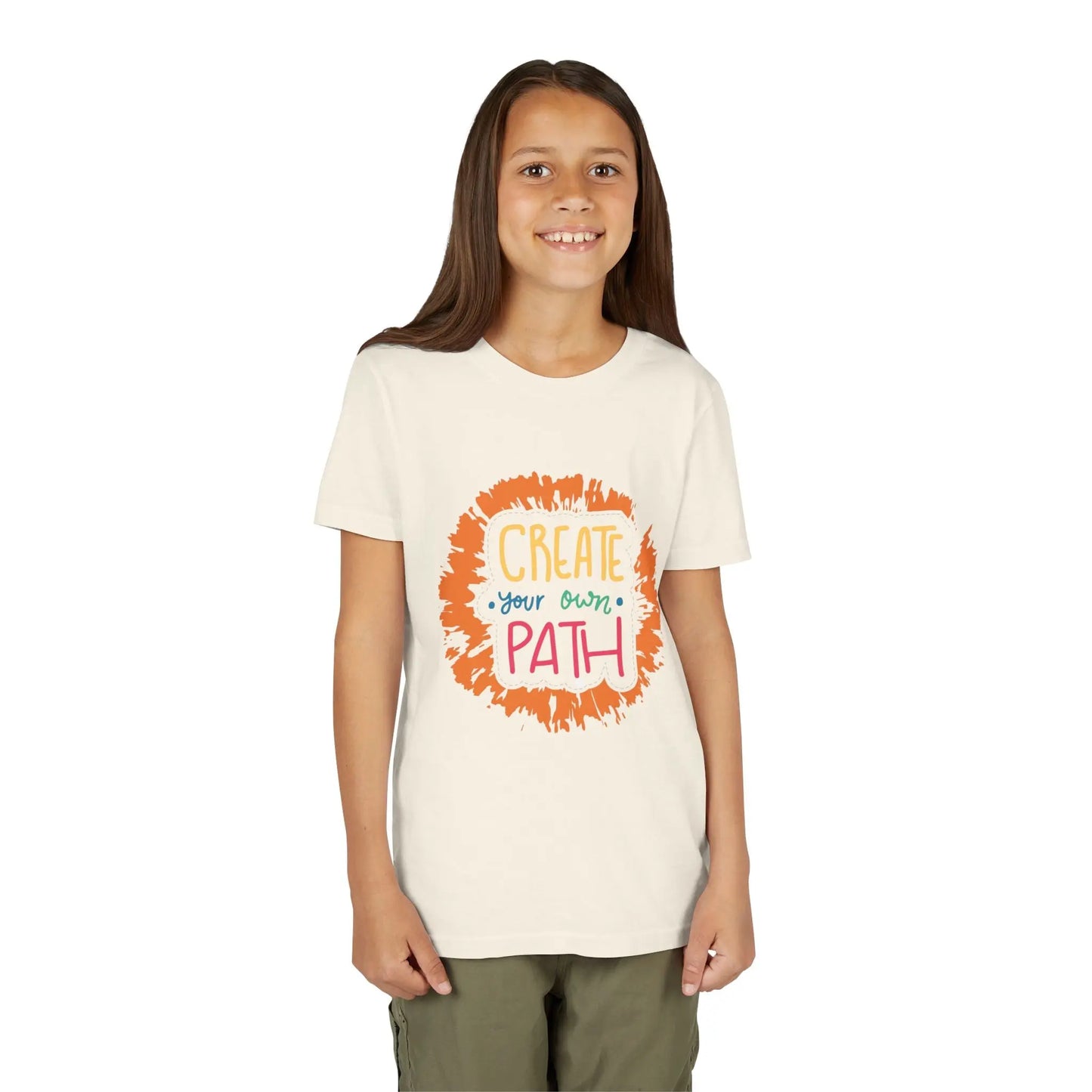  Motivational youth tee with "Create Your Own Path" message. Soft cotton, perfect for school, everyday wear, and inspiring independence. Empowering kids' clothing. Natural