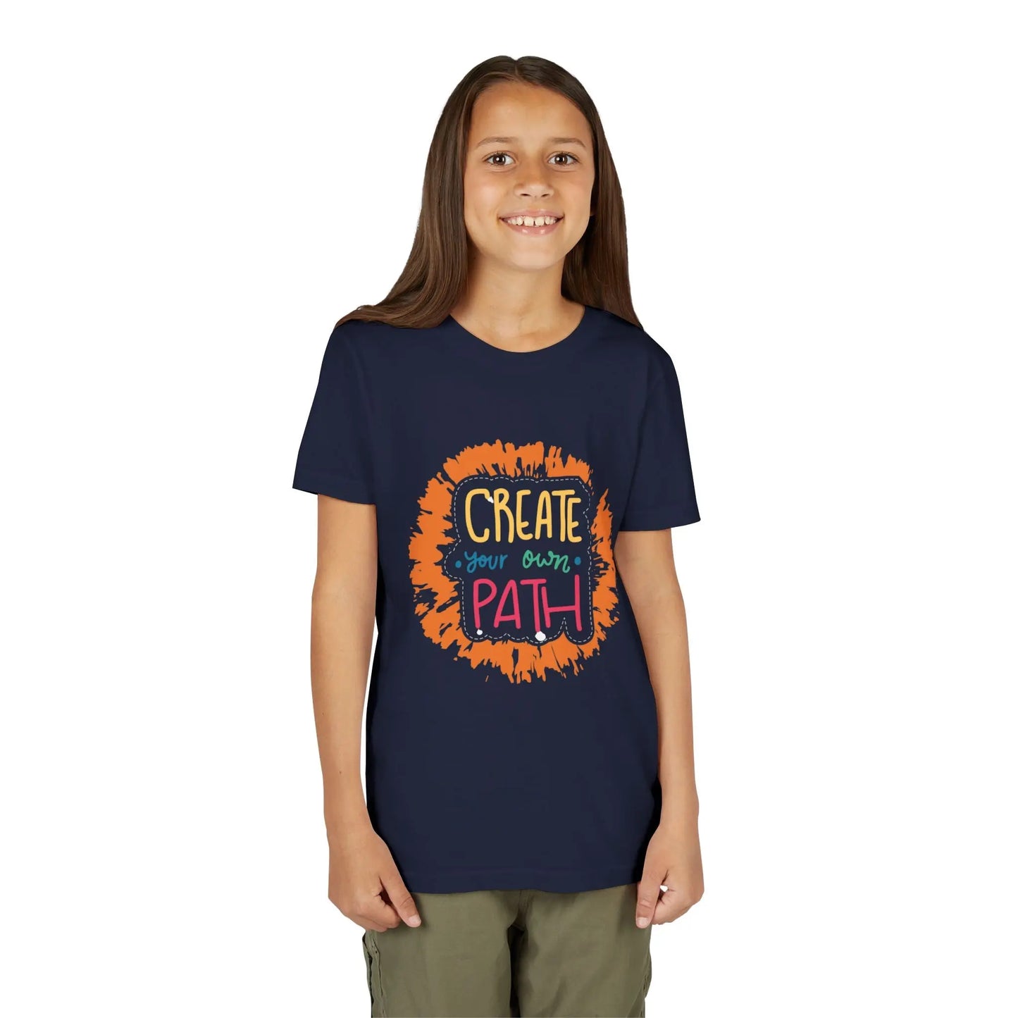  Motivational youth tee with "Create Your Own Path" message. Soft cotton, perfect for school, everyday wear, and inspiring independence. Empowering kids' clothing. Navy