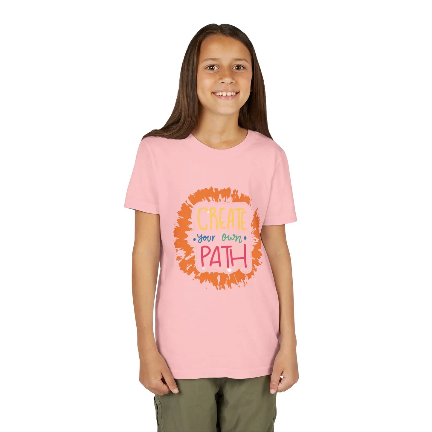  Motivational youth tee with "Create Your Own Path" message. Soft cotton, perfect for school, everyday wear, and inspiring independence. Empowering kids' clothing. Pink