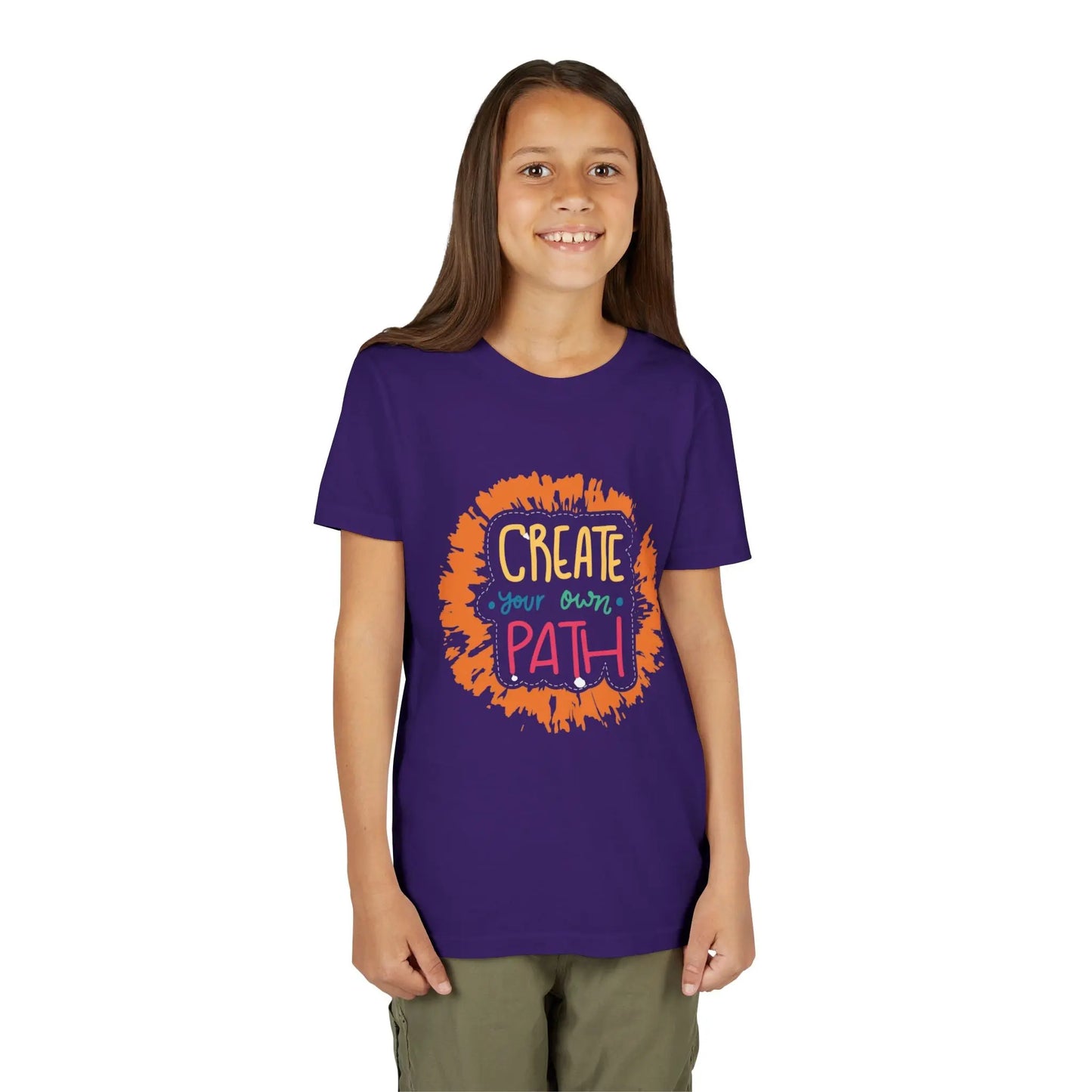 Motivational youth tee with "Create Your Own Path" message. Soft cotton, perfect for school, everyday wear, and inspiring independence. Empowering kids' clothing. Team Purple