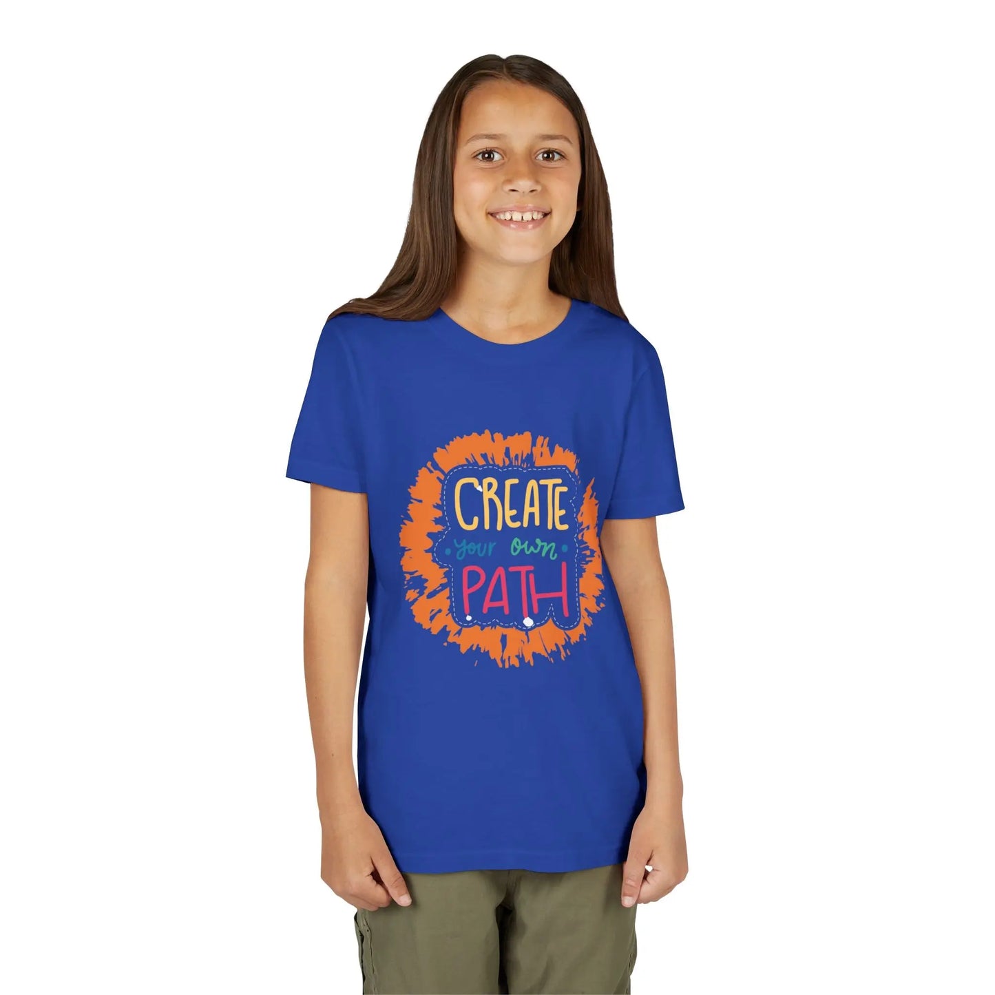  Motivational youth tee with "Create Your Own Path" message. Soft cotton, perfect for school, everyday wear, and inspiring independence. Empowering kids' clothing. True Royal