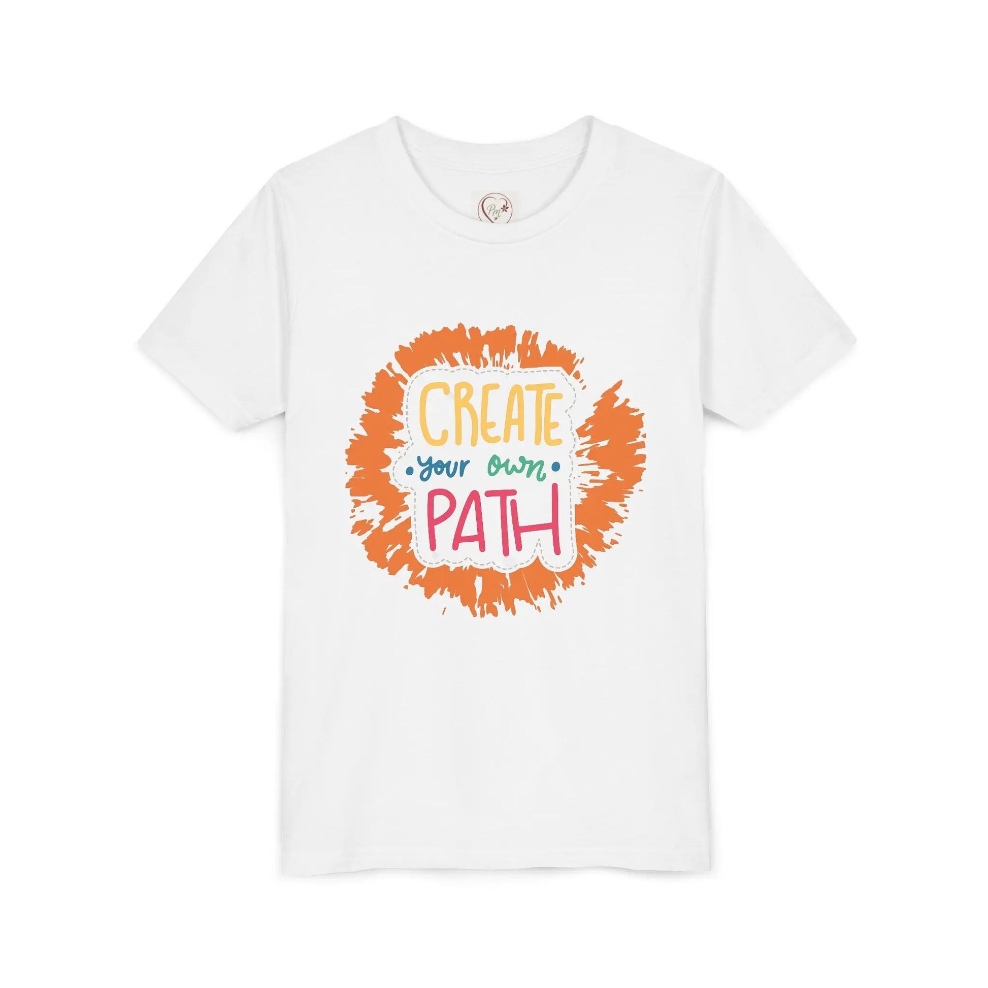  Motivational youth tee with "Create Your Own Path" message. Soft cotton, perfect for school, everyday wear, and inspiring independence. Empowering kids' clothing. White