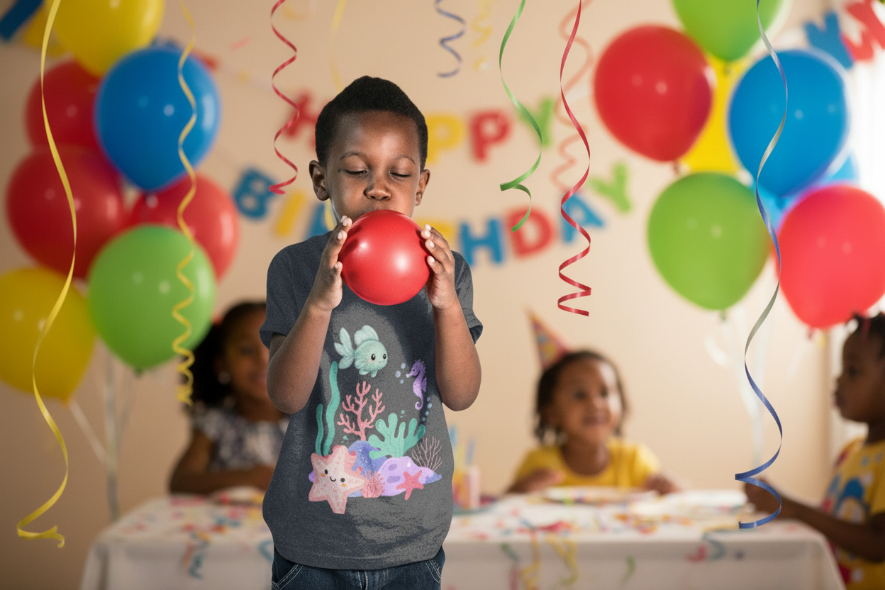 Child blowing up a red balloon at a Birthday Party wearing a soft, breathable toddler tee featuring pastel sea creatures — fish, seahorse & starfish. Tear-away label, lightweight fabric. Sizes 2T–5T. Shop now!