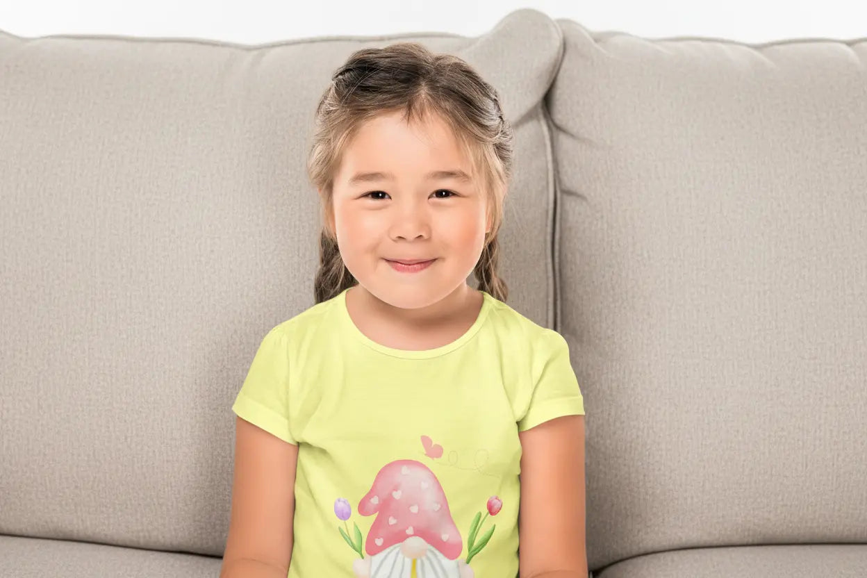 Toddler wearing cute spring gnome tee with Hello Spring floral graphic and Butterfly
