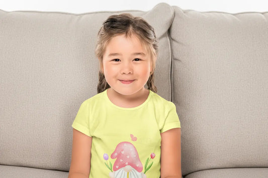 Toddler wearing cute spring gnome tee with Hello Spring floral graphic and Butterfly

