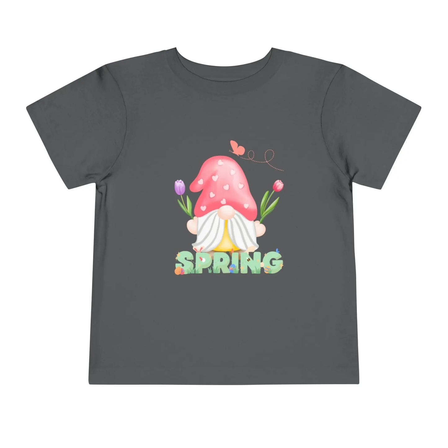 Soft cotton toddler tee featuring a whimsical spring gnome, butterfly, and blooms. Perfect for spring playdates, photos, and backyard adventures. Sizes 2T-5T. Asphalt
