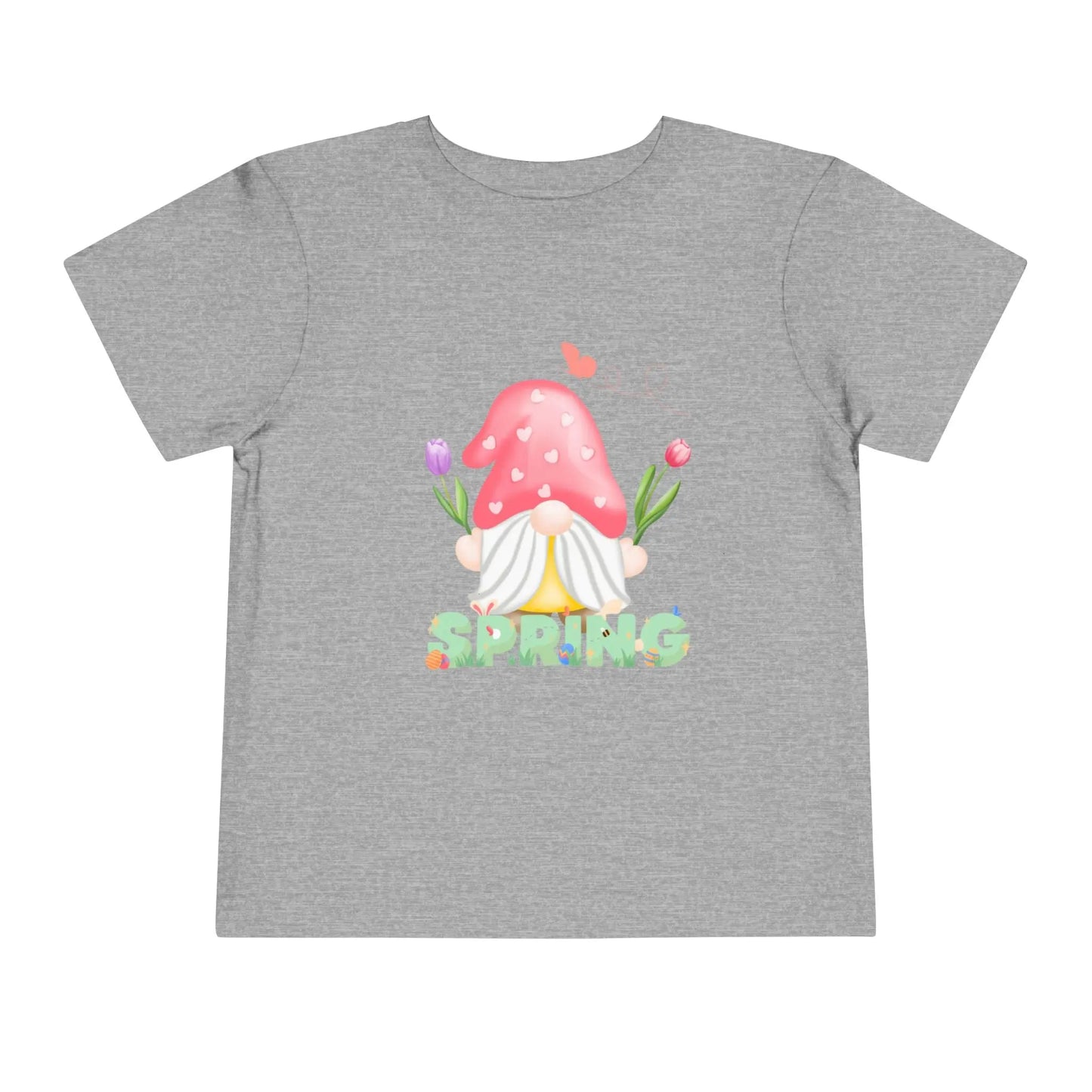Soft cotton toddler tee featuring a whimsical spring gnome, butterfly, and blooms. Perfect for spring playdates, photos, and backyard adventures. Sizes 2T-5T. Athletic Heather
