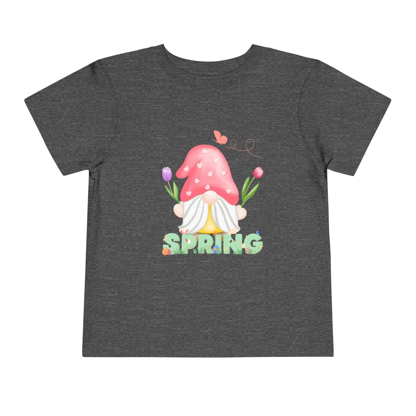 Soft cotton toddler tee featuring a whimsical spring gnome, butterfly, and blooms. Perfect for spring playdates, photos, and backyard adventures. Sizes 2T-5T. Dark Heather Grey

