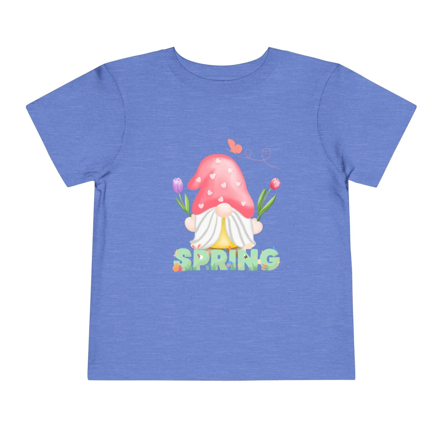 Soft cotton toddler tee featuring a whimsical spring gnome, butterfly, and blooms. Perfect for spring playdates, photos, and backyard adventures. Sizes 2T-5T. Heather Columbia Blue
