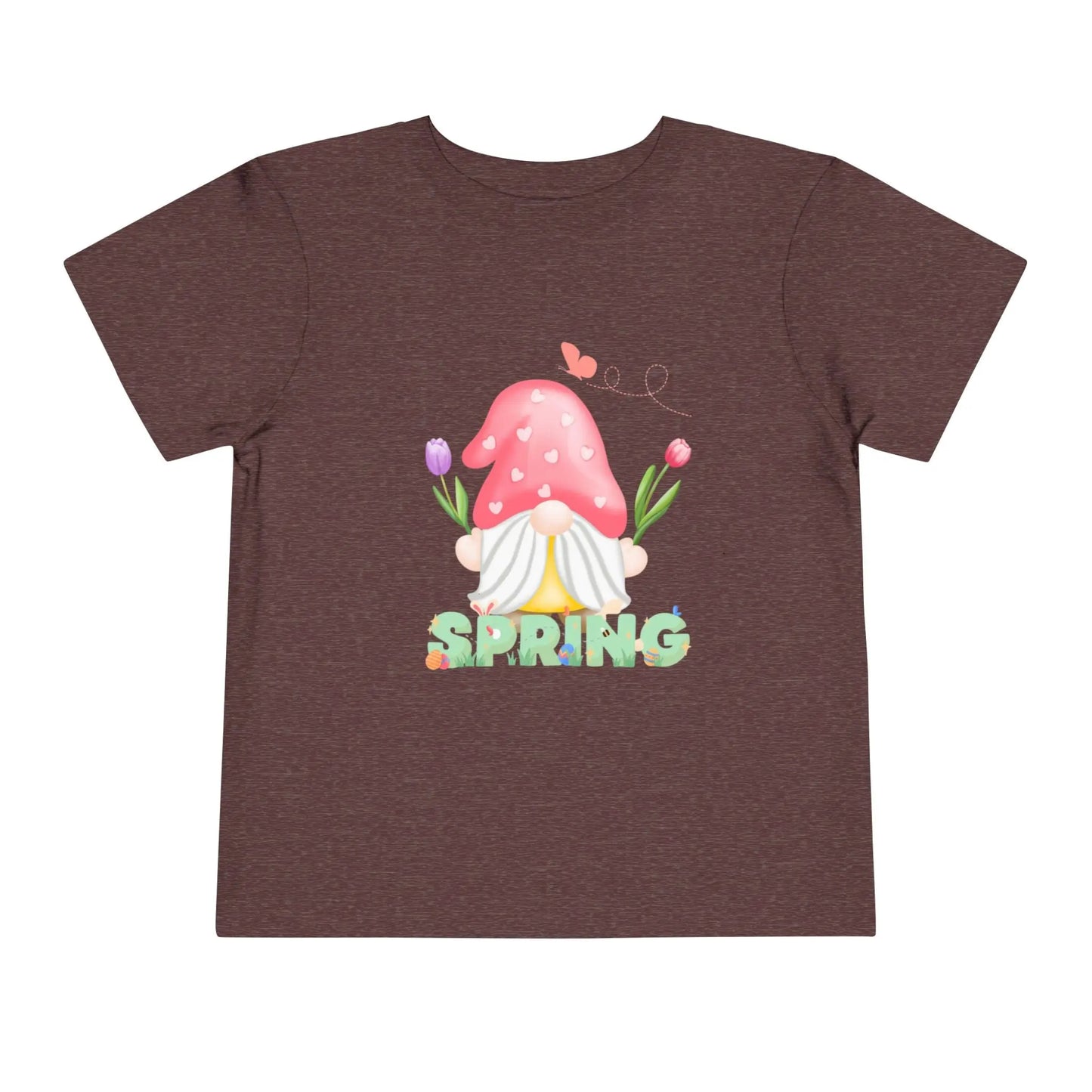 Soft cotton toddler tee featuring a whimsical spring gnome, butterfly, and blooms. Perfect for spring playdates, photos, and backyard adventures. Sizes 2T-5T. Heather Maroon
