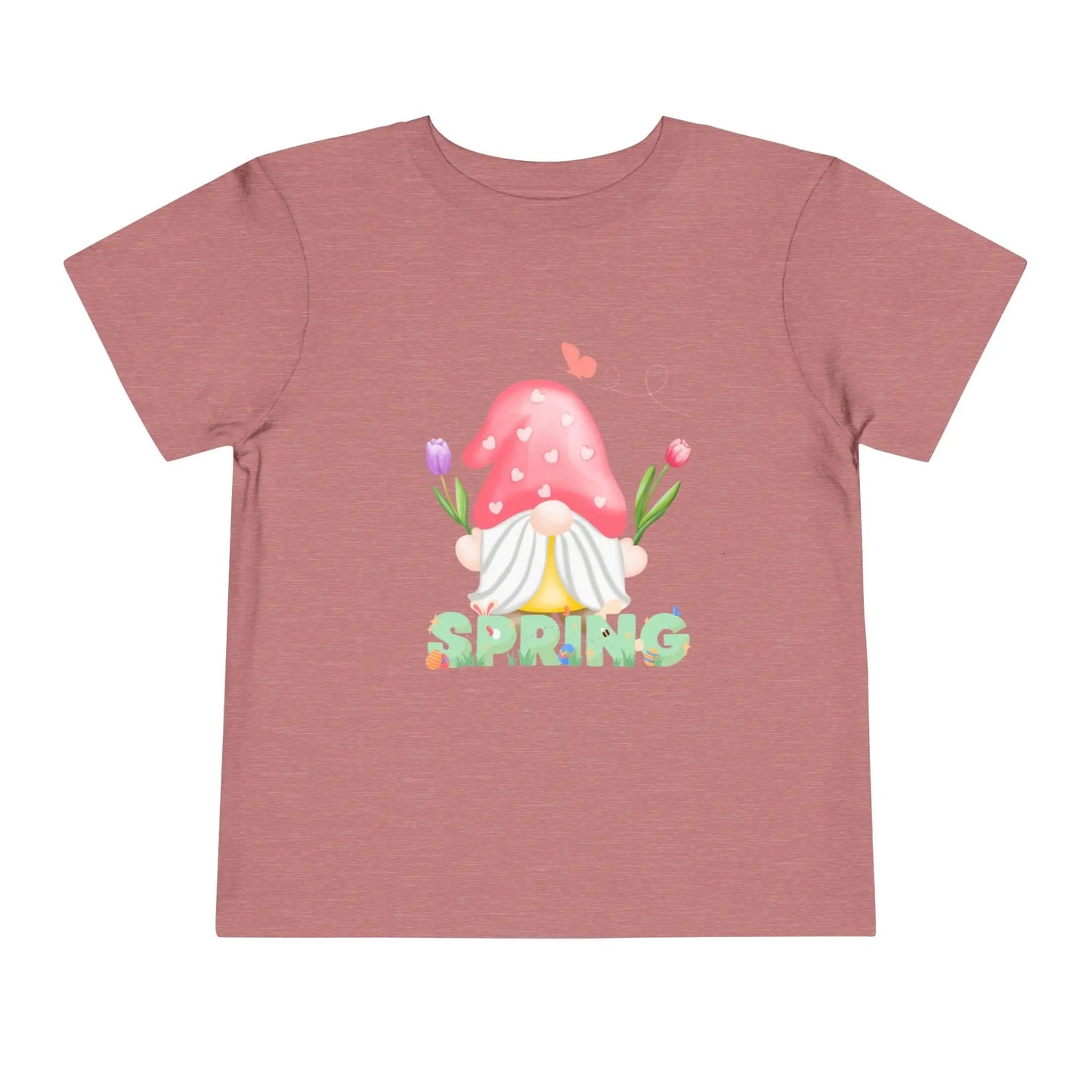Soft cotton toddler tee featuring a whimsical spring gnome, butterfly, and blooms. Perfect for spring playdates, photos, and backyard adventures. Sizes 2T-5T.  Heather Mauve