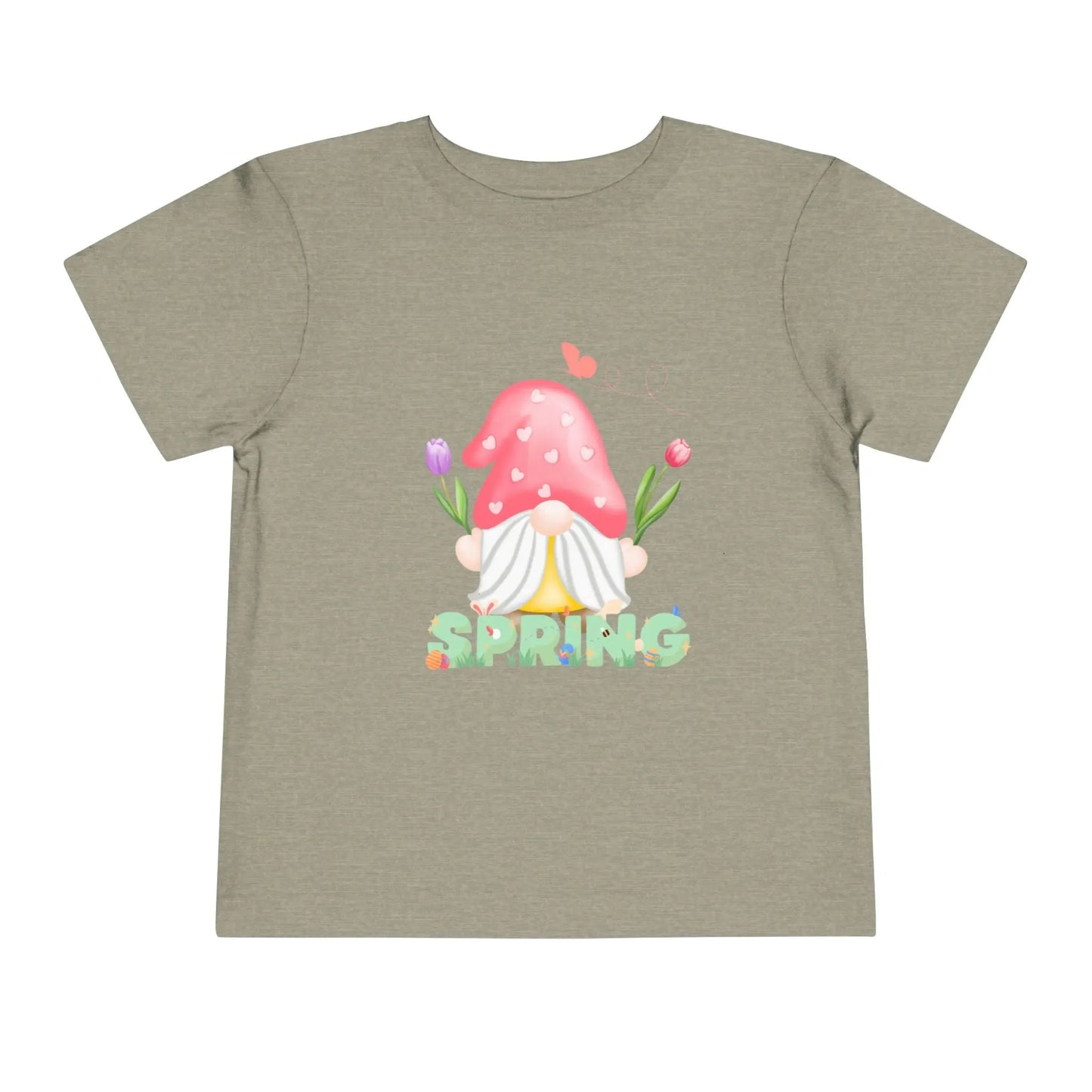 Soft cotton toddler tee featuring a whimsical spring gnome, butterfly, and blooms. Perfect for spring playdates, photos, and backyard adventures. Sizes 2T-5T. Heather Stone
