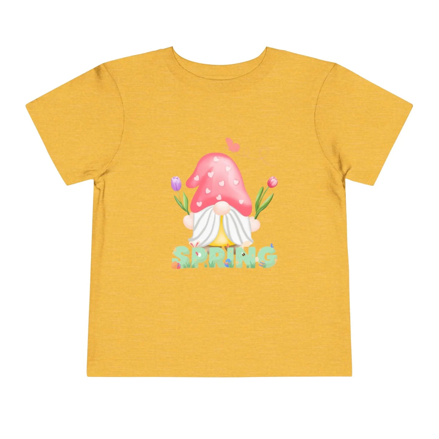 Soft cotton toddler tee featuring a whimsical spring gnome, butterfly, and blooms. Perfect for spring playdates, photos, and backyard adventures. Sizes 2T-5T. Heather Yellow Gold